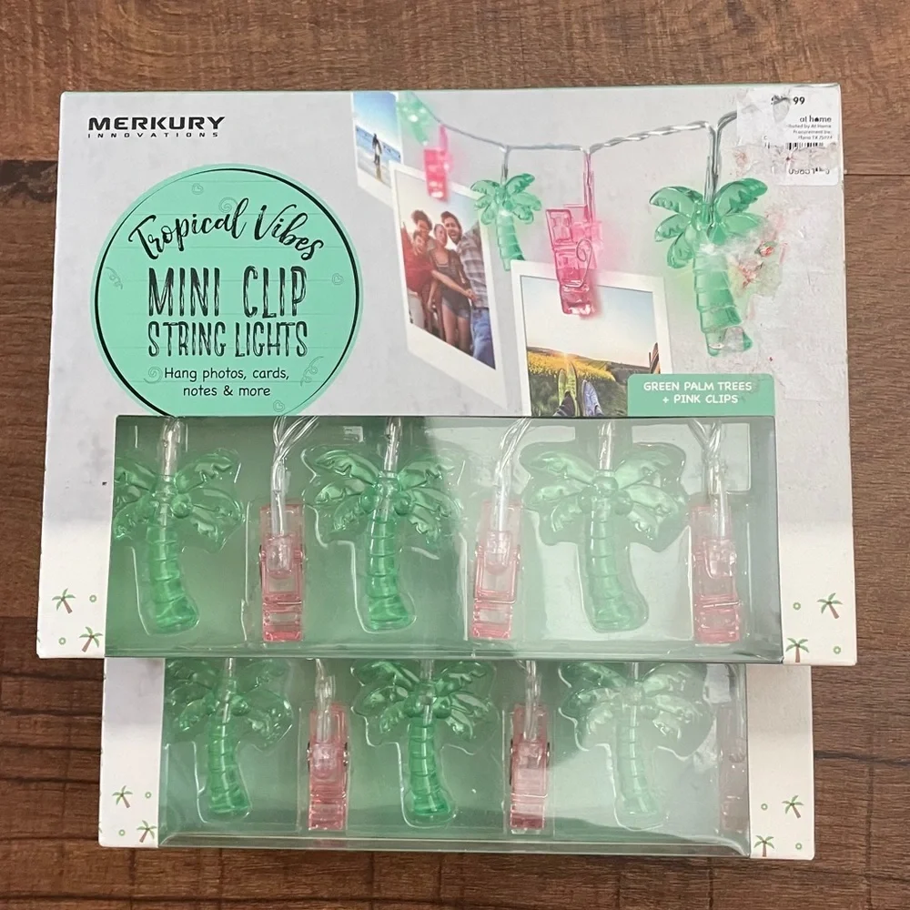 NWT sets of LED palm tree string light sets 2 total green pink indoor outdoor